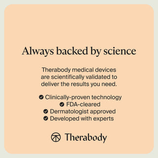 Therabody science and regulatory claim panel shown with the TheraFace Mask Glo product images