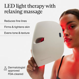 Benefit graphic for the Therabody TheraFace Mask Glo beside a woman holding the lit mask to her face