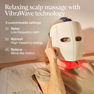 Graphic on the VibraWave scalp massage settings of the Therabody TheraFace Mask Glo held against the head