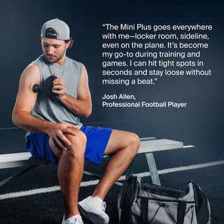 Athlete testimonial panel featuring the Therabody Theragun Mini Plus on a locker room bench