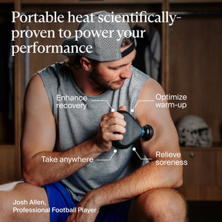 Callout graphic of a professional athlete using the Therabody Theragun Mini Plus on his forearm in a locker room