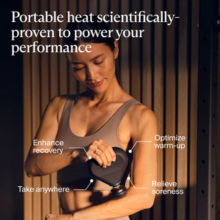 Callout graphic of a woman using the Therabody Theragun Mini Plus on her upper arm in a gym