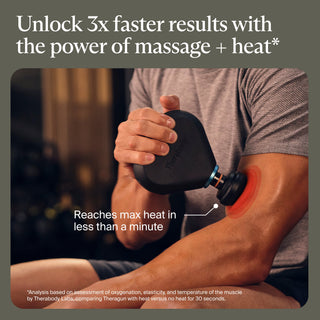 Graphic showing the heated head of the Therabody Theragun Mini Plus applied to a calf muscle