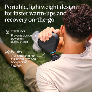 Graphic on the travel lock and portability of the Therabody Theragun Mini Plus used outdoors