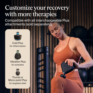 Graphic showing the interchangeable Plus attachments compatible with the Therabody Theragun Mini Plus