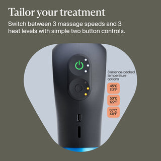 Diagram of the button controls and heat settings on the Therabody Theragun Mini Plus