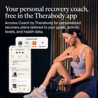 Graphic on the Therabody app recovery coach shown alongside the Theragun Mini Plus in use