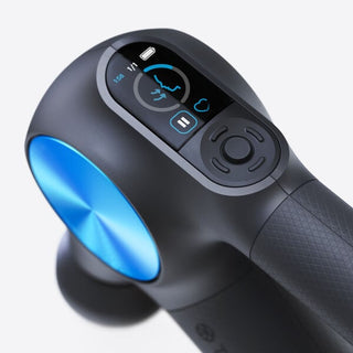 Close-up of the screen and control buttons on the Therabody Theragun PRO Plus