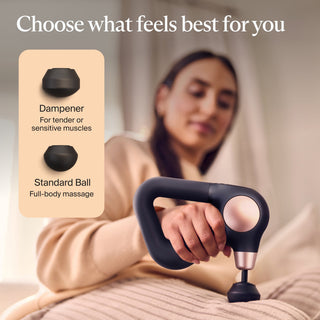 Graphic showing the Dampener and Standard Ball attachments for the Therabody Theragun Sense