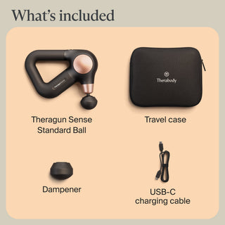 In-the-box graphic showing the Therabody Theragun Sense with travel case, attachments and charging cable