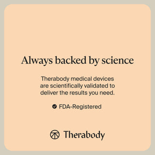 Therabody science and regulatory claim panel shown with the Theragun Sense product images