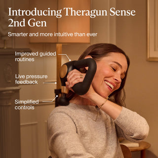Callout graphic introducing the Therabody Theragun Sense as a woman treats her neck
