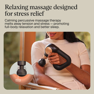 Stress relief graphic showing a woman using the Therabody Theragun Sense on her arm