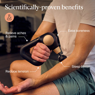 Callout graphic of the benefits Therabody claims for the Theragun Sense, used on a forearm