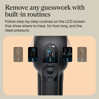 Graphic showing the guided routines displayed on the screen of the Therabody Theragun Sense