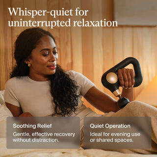 Graphic on quiet operation with a woman using the Therabody Theragun Sense in bed