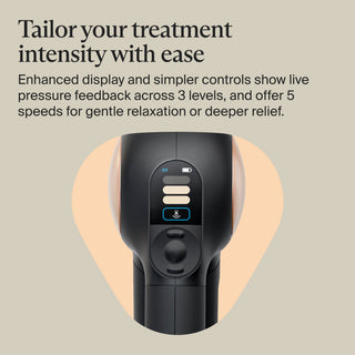 Diagram of the display and controls used to set intensity on the Therabody Theragun Sense