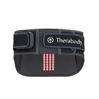 Front view of the Therabody ThermBack LED opened flat with its red light panel lit