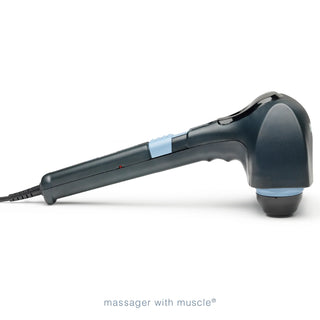 Thumper Mini Pro professional handheld percussion massager in dark gray and blue with an ergonomic long handle.