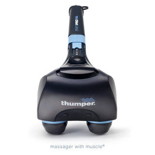 Thumper Mini Pro professional handheld percussion massager in dark gray and blue with an ergonomic long handle.
