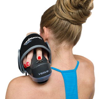 Thumper Verve G501NA gray and blue single-head percussion massager with palm-grip hand strap.