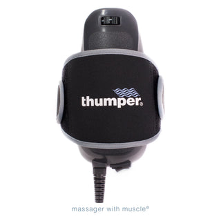 Thumper Verve G501NA gray and blue single-head percussion massager with palm-grip hand strap.