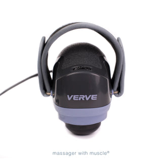 Thumper Verve G501NA gray and blue single-head percussion massager with palm-grip hand strap.