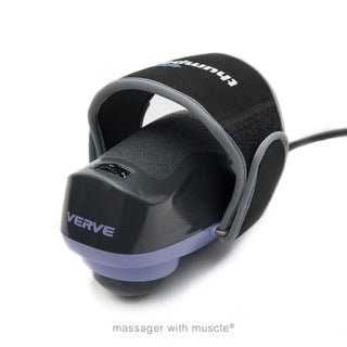 Thumper Verve G501NA gray and blue single-head percussion massager with palm-grip hand strap.