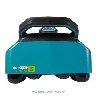 Thumper Lithium8 cordless professional percussion massager in black and teal with dual handles and eight massage heads.