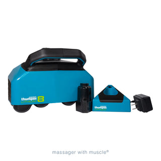 Thumper Lithium8 cordless professional percussion massager in black and teal with dual handles and eight massage heads.