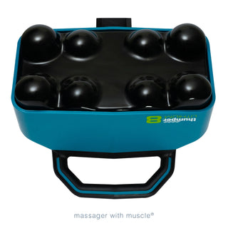 Thumper Lithium8 cordless professional percussion massager in black and teal with dual handles and eight massage heads.