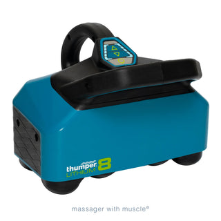 Thumper Lithium8 cordless professional percussion massager in black and teal with dual handles and eight massage heads.
