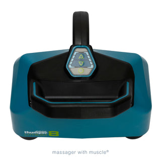 Thumper Lithium8 cordless professional percussion massager in black and teal with dual handles and eight massage heads.