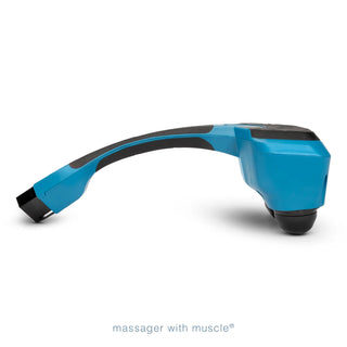 Thumper Lithium2 cordless percussion massager in black and teal with rechargeable battery and charging nest.