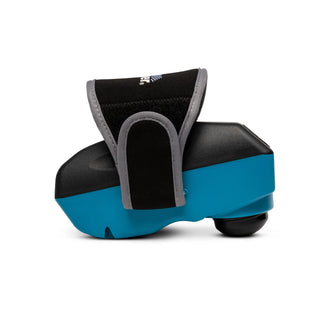 Thumper Lithium1 cordless percussion massager with a wearable glove-style hand strap in black and teal.