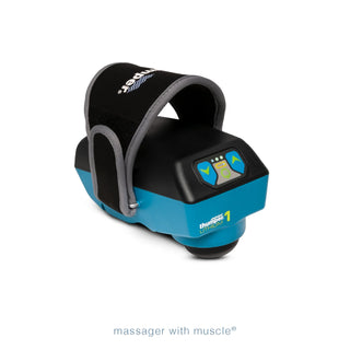 Thumper Lithium1 cordless percussion massager with a wearable glove-style hand strap in black and teal.