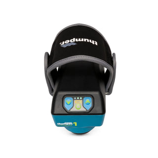 Thumper Lithium1 cordless percussion massager with a wearable glove-style hand strap in black and teal.