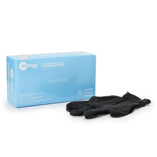 Box of Touch of Life™ 1175350_CS, Nitrile Exam Glove, XLarge, Textured Fingertips, Black,Chemo Tested with a white background