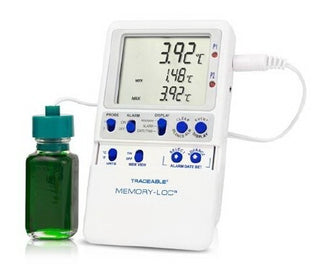 Traceable® Memory-Loc™ 922982_EA&nbsp;Refrigerator / Freezer Temperature Data Logger with a bottle on a white background