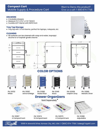 TrippNT 510XX, White Compact Cart – 4 Drawer Medical Storage Cart