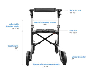 Compact Triumph Mobility Escape Petite rollator with a lightweight aluminum frame, padded seat, adjustable padded backrest, anatomical handgrips, four wheels, and a folding shopping bag beneath the seat.