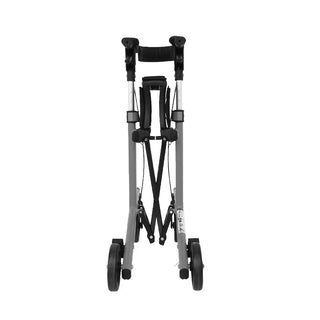 Grey Triumph Mobility Mini rollator walker with a lightweight aluminum frame, large padded seat, adjustable padded backrest, ergonomic handgrips, and four 6-inch wheels designed for indoor mobility.
