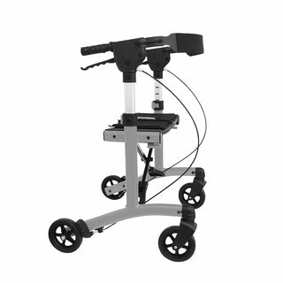 Grey Triumph Mobility Mini rollator walker with a lightweight aluminum frame, large padded seat, adjustable padded backrest, ergonomic handgrips, and four 6-inch wheels designed for indoor mobility.