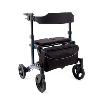 Triumph Mobility Escape HD heavy-duty rollator with an aluminum frame, extra-wide padded seat, adjustable padded backrest, four large wheels, ergonomic handgrips, and a large fabric shopping bag beneath the seat.