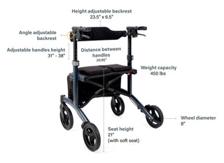 Triumph Mobility Escape HD heavy-duty rollator with an aluminum frame, extra-wide padded seat, adjustable padded backrest, four large wheels, ergonomic handgrips, and a large fabric shopping bag beneath the seat.
