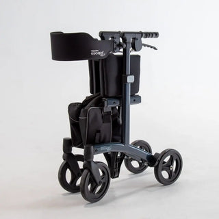 Triumph Mobility Escape HD heavy-duty rollator with an aluminum frame, extra-wide padded seat, adjustable padded backrest, four large wheels, ergonomic handgrips, and a large fabric shopping bag beneath the seat.