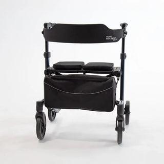 Triumph Mobility Escape HD heavy-duty rollator with an aluminum frame, extra-wide padded seat, adjustable padded backrest, four large wheels, ergonomic handgrips, and a large fabric shopping bag beneath the seat.