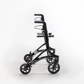 Black carbon fibre Triumph Mobility Maverick rollator walker with a padded seat, backstrap, ergonomic handgrips, integrated shopping bag, cup holder, cane holder, and large front wheels.