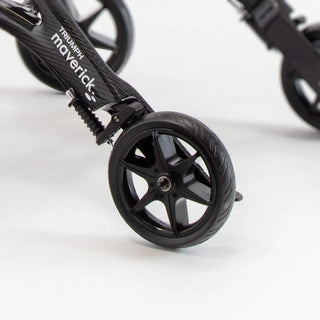 Black carbon fibre Triumph Mobility Maverick rollator walker with a padded seat, backstrap, ergonomic handgrips, integrated shopping bag, cup holder, cane holder, and large front wheels.