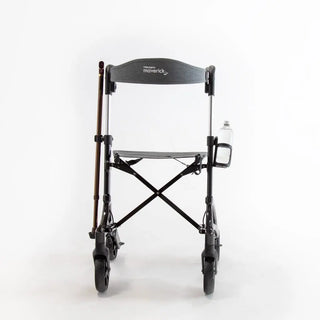 Black carbon fibre Triumph Mobility Maverick rollator walker with a padded seat, backstrap, ergonomic handgrips, integrated shopping bag, cup holder, cane holder, and large front wheels.